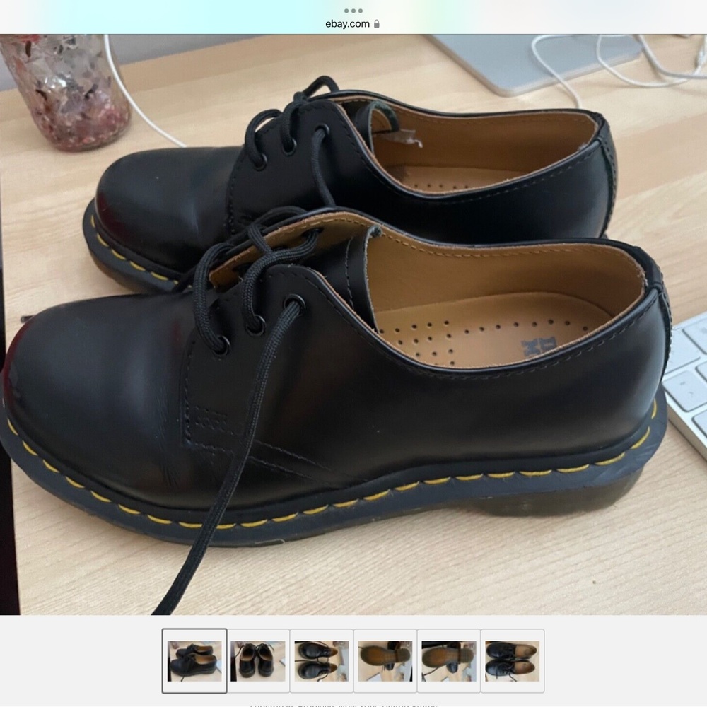 Dr. Martens Black Leather Flats with Yellow Stitching